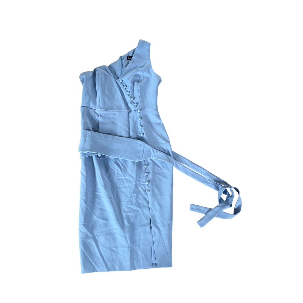 NWT Lavish Alice Baby Blue One Shoulder Midi Dress with Waist Tie - Picture 3 of 14
